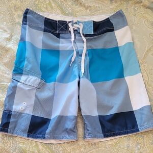 BLUE PLAID BOARD SHORTS